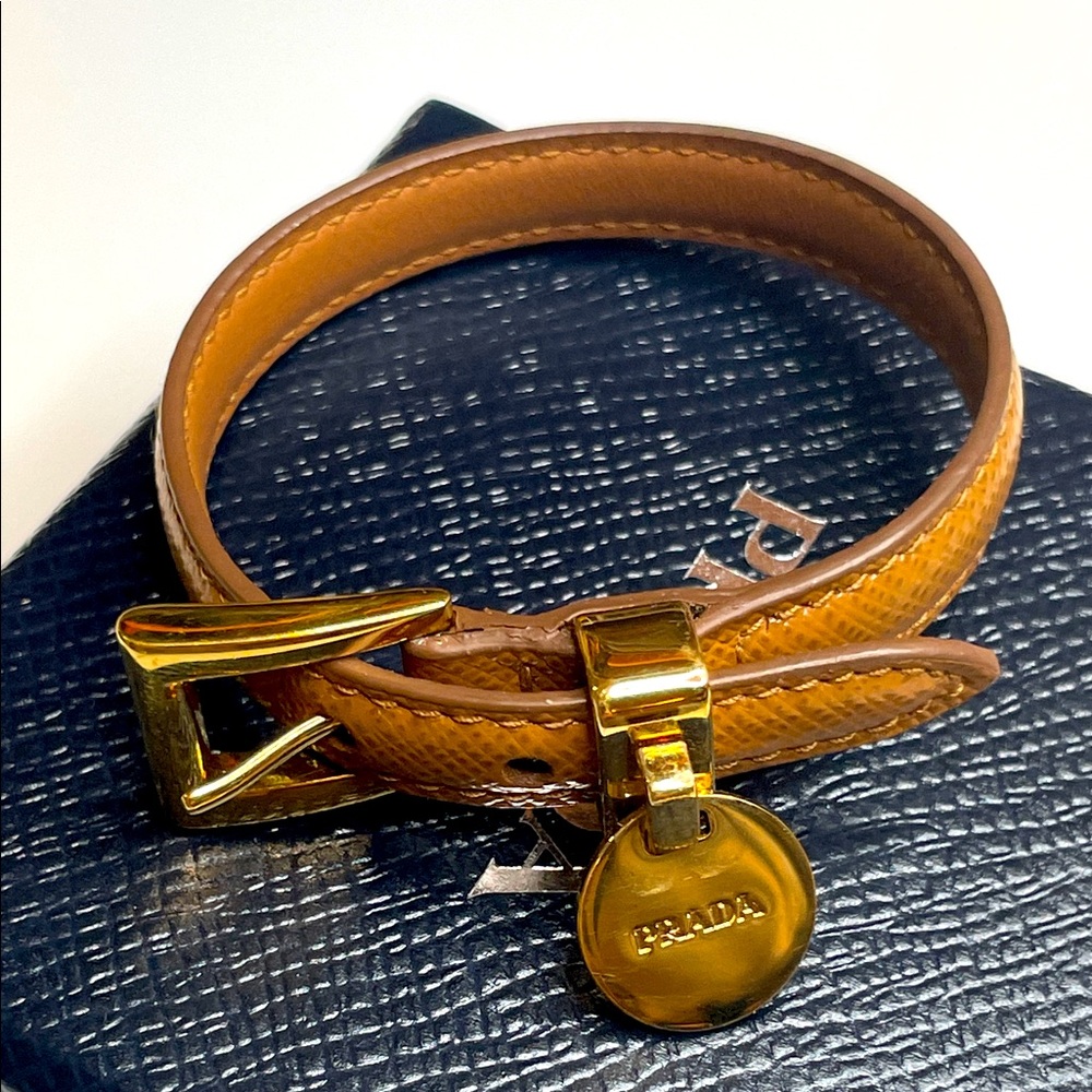 Prada Caramel Saffiano Leather Bracelet with Gold Prada Charm Full Set